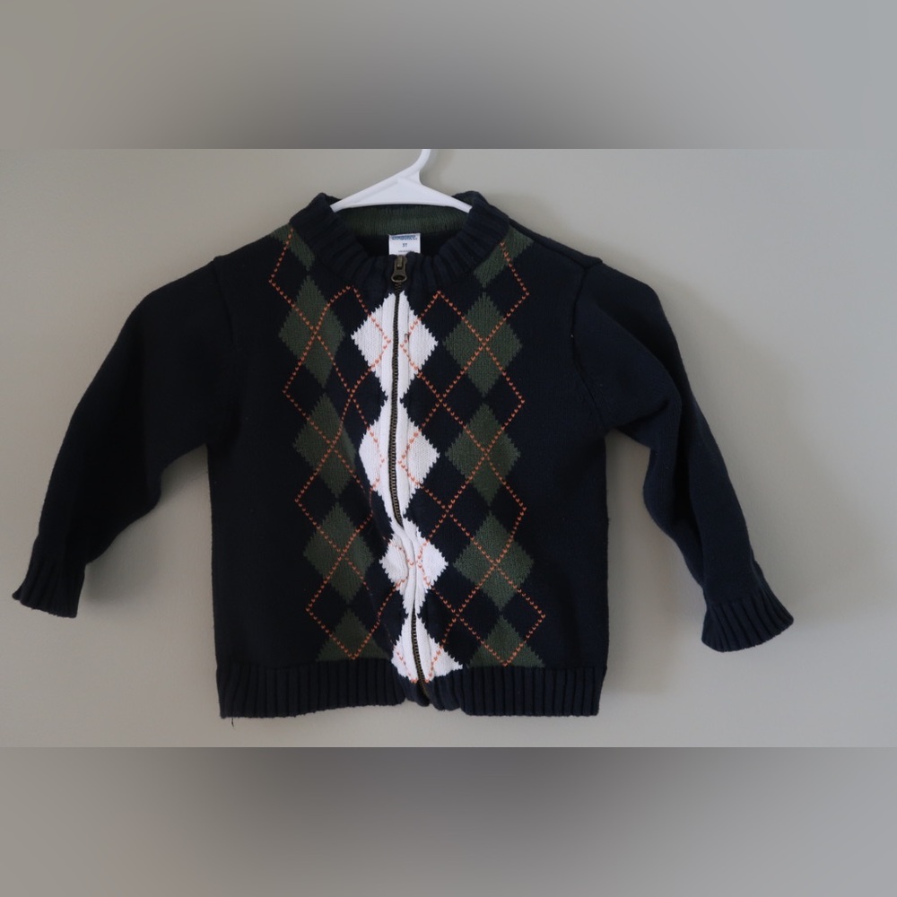 Gymboree boys 3T zip up cardigan sweater navy blue argyle 100% cotton